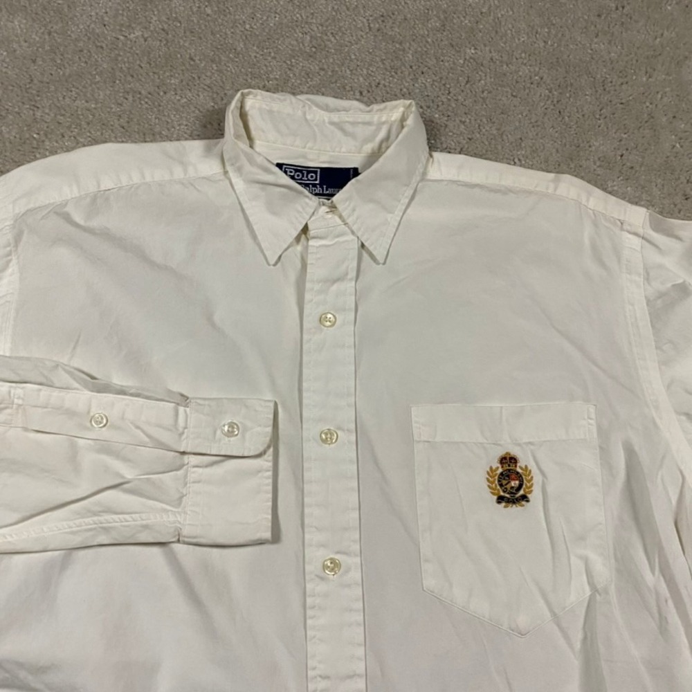 VTG Polo Ralph Lauren Shirt Mens M Crest Logo Button Down Cream Cotton Ivy Prep